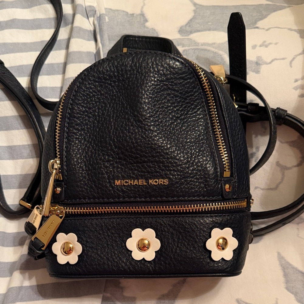 Michael Kors Navy Blue Leather Floral Rhea Backpack